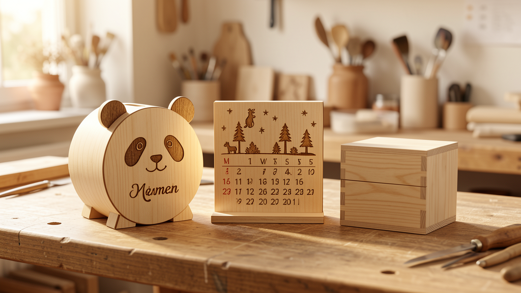 Illustration d’atelier avec créations personnalisées en bois : tirelire panda, calendrier de l’Avent et boîte en tilleul