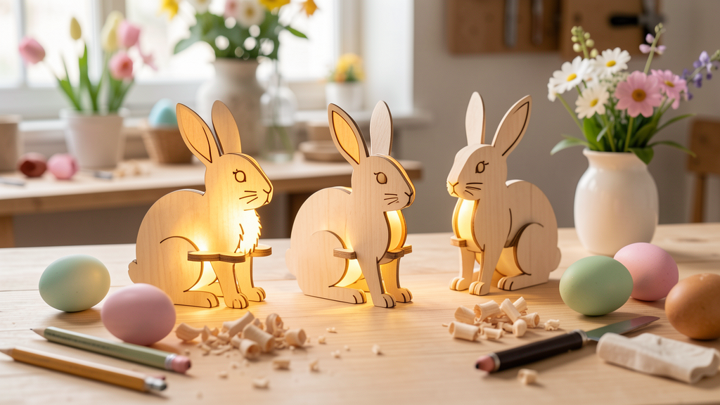 Décoration de Pâques en bois découpée au laser avec lapins et œufs décoratifs