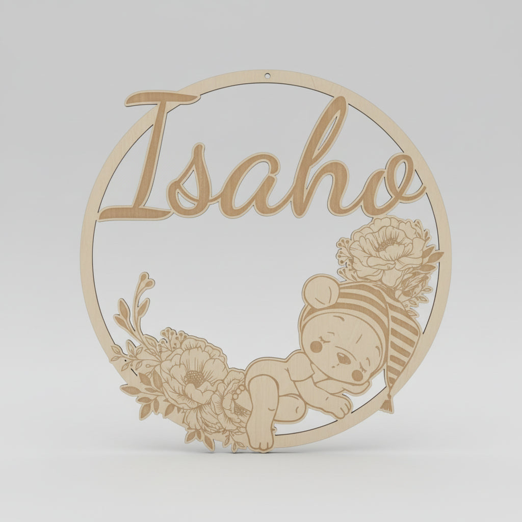 Décoration murale personnalisée en contreplaqué de tilleul – Prénom gravé au laser – Modèle rond avec illustration