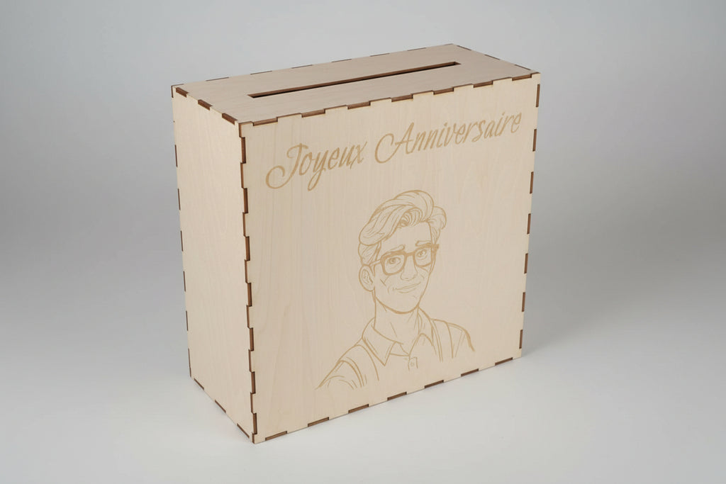 Cagnotte personnalisée en contreplaqué de tilleul – Tirelire artisanale gravée au laser – Pour anniversaire, mariage, départ en retraite et toutes occasions