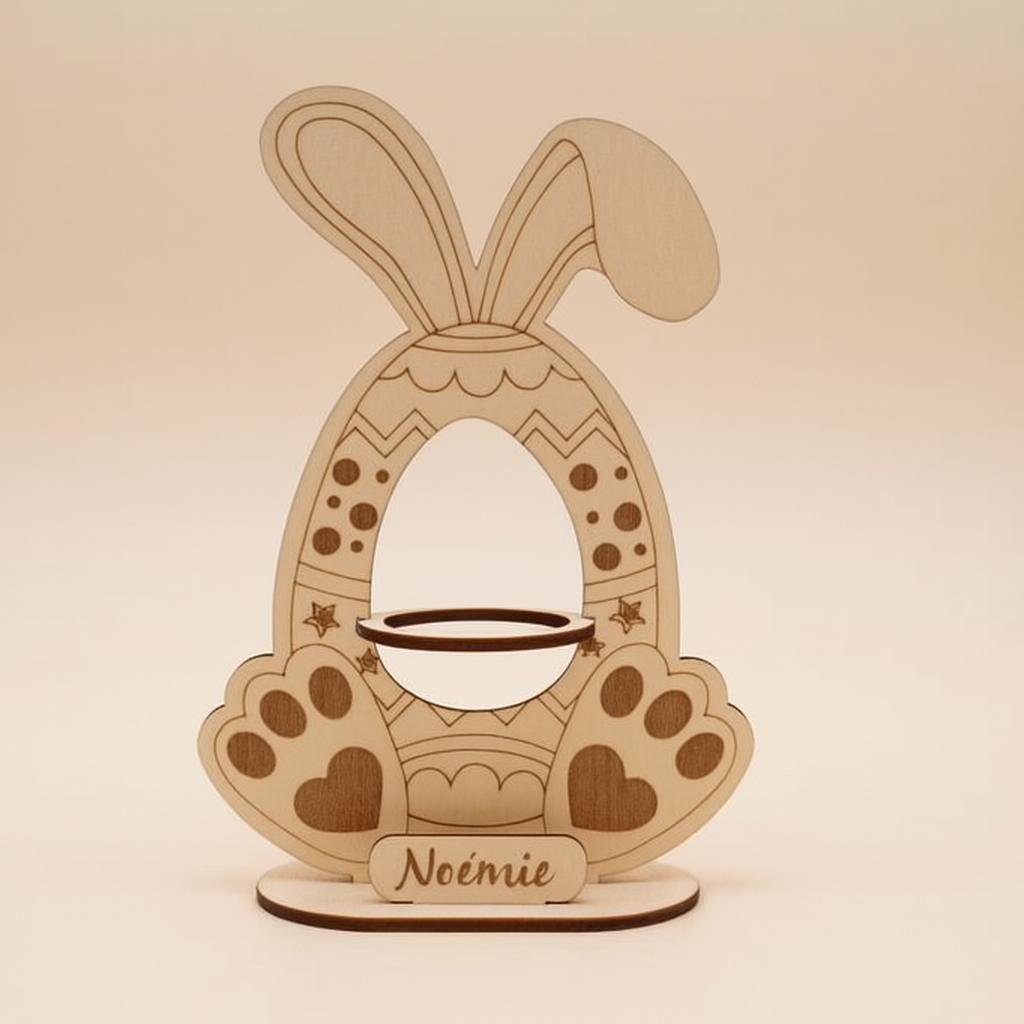 Lapin de Pâques en contreplaqué de tilleul – Support pour œuf Kinder – Décoration artisanale découpée au laser