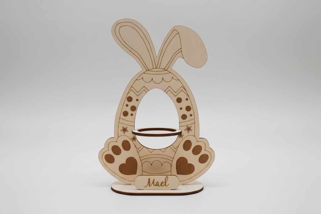 Lapin de Pâques en contreplaqué de tilleul – Support pour œuf Kinder – Décoration artisanale découpée au laser
