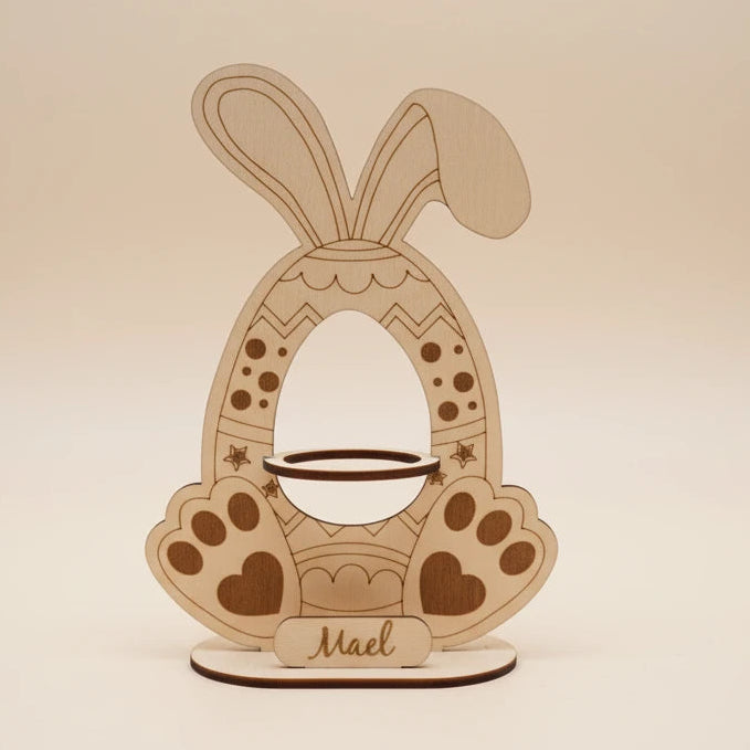 Lapin de Pâques en contreplaqué de tilleul – Support pour œuf Kinder – Décoration artisanale découpée au laser