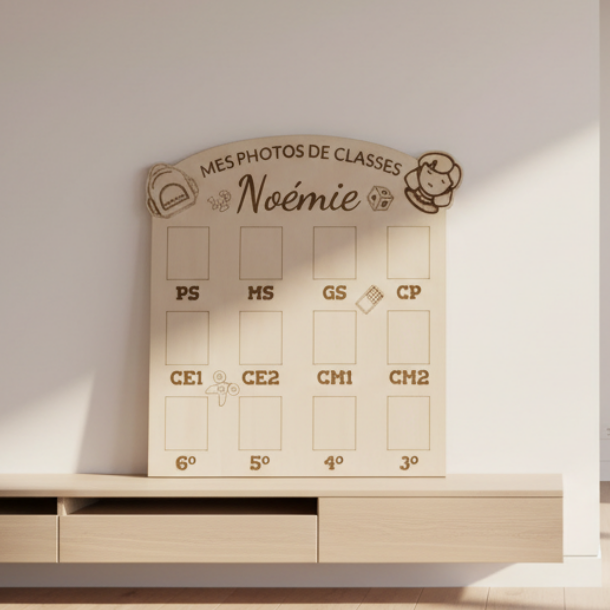 Panneau souvenir pour photo de classe personnalisé – Garçon ou Fille – Contreplaqué de tilleul gravé au laser – Modèle 1