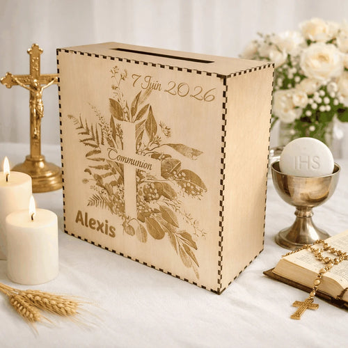 Cagnotte communion en bois – Tirelire gravée au laser – Cagnotte Communion  personnalisée – Contreplaqué tilleul – Made in France