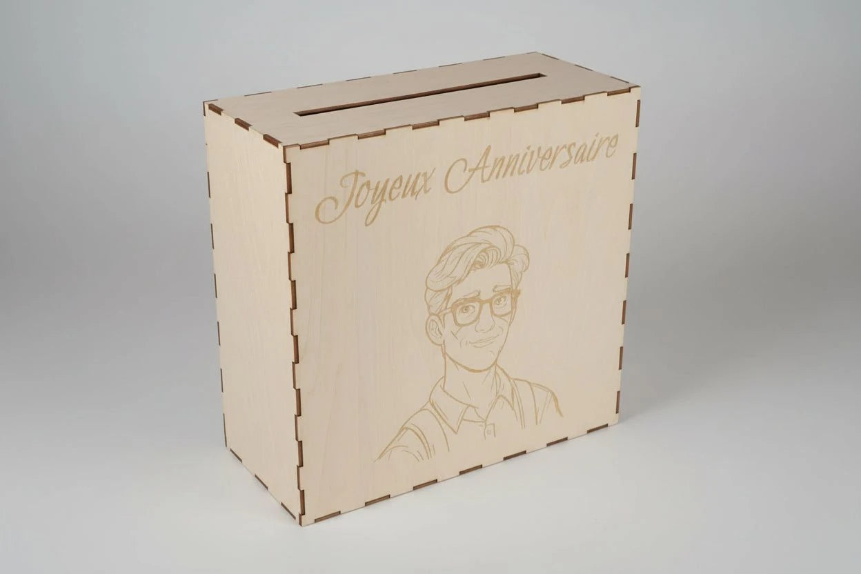 Cagnotte personnalisée en bois – Tirelire gravée au laser – Cadeau anniversaire mariage retraite – Contreplaqué tilleul – Made in France