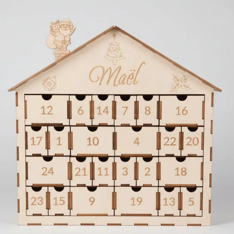 Calendrier de l'Avent personnalisé en bois – Prénom gravé au laser – Contreplaqué de tilleul – 24 tiroirs – Réutilisable – Cadeau Noël enfant