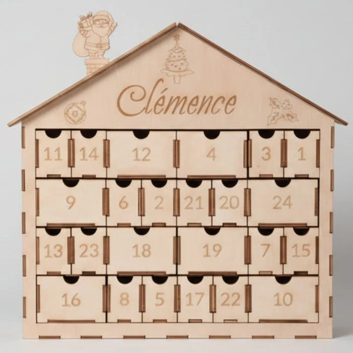Calendrier de l'Avent personnalisé en bois – Prénom gravé au laser – Contreplaqué de tilleul – 24 tiroirs – Réutilisable – Cadeau Noël enfant