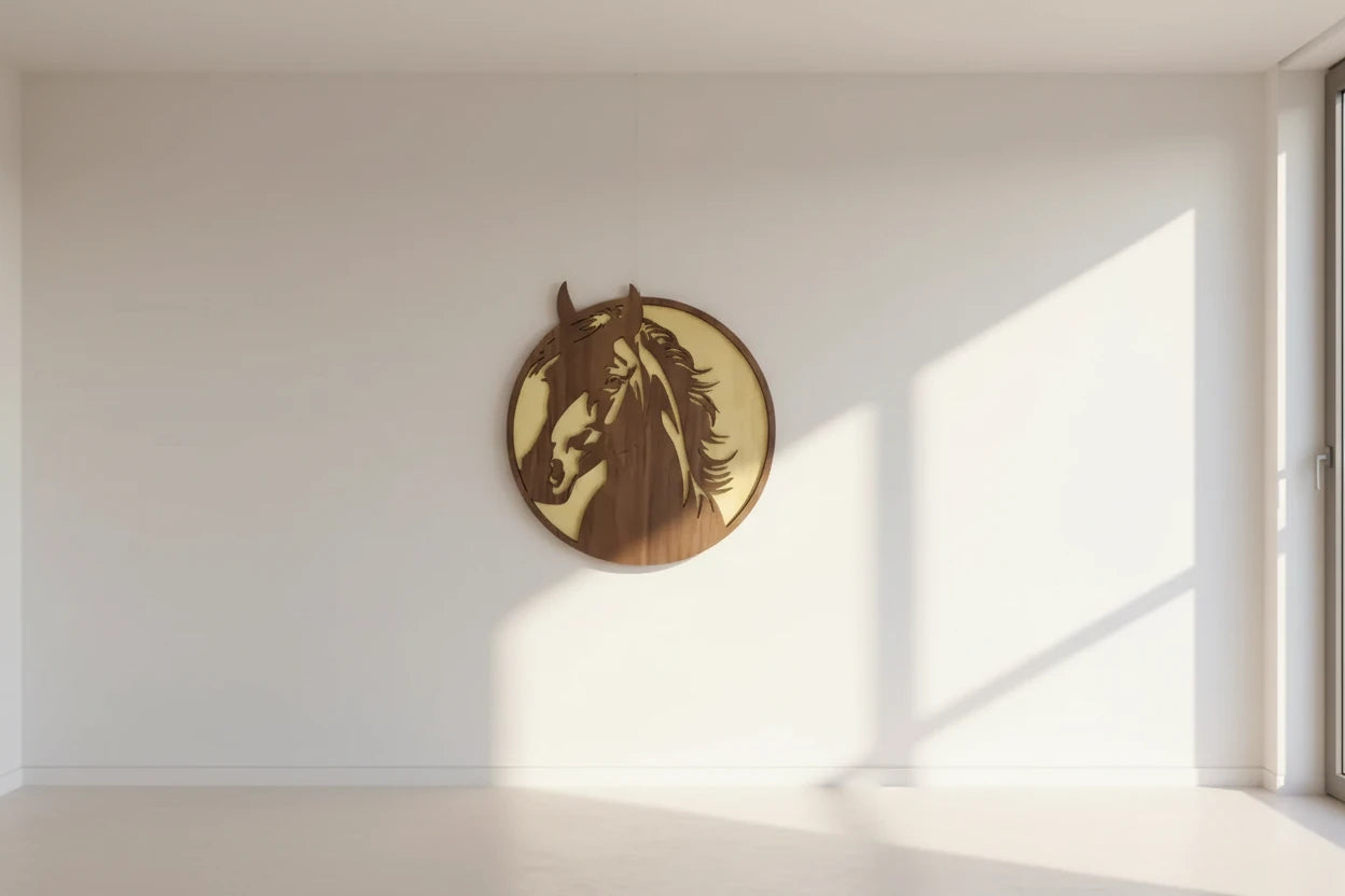 Décoration murale cheval en bois 2 tons – Découpe laser contreplaqué tilleul et noyer – Cadeau équitation – Made in France