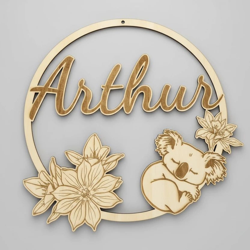 Décoration murale prénom enfant en bois – Koala gravé au laser – Contreplaqué tilleul – Cadeau naissance baby shower – Made in France