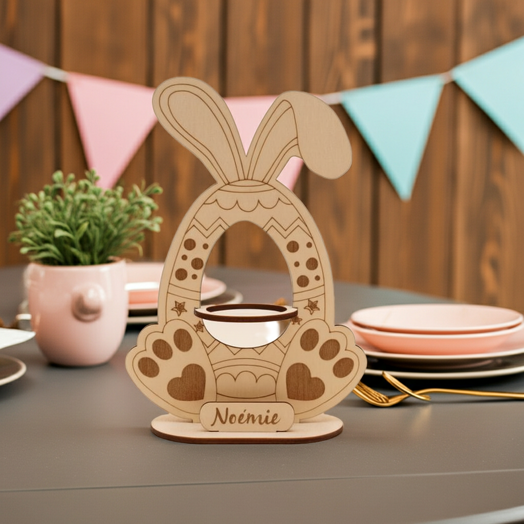 Lapin de Pâques en contreplaqué de tilleul – Support pour œuf Kinder – Décoration artisanale découpée au laser