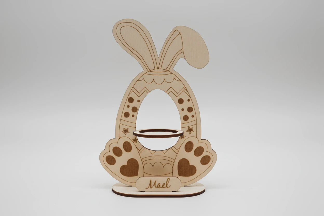 Lapin de Pâques en contreplaqué de tilleul – Support pour œuf Kinder – Décoration artisanale découpée au laser