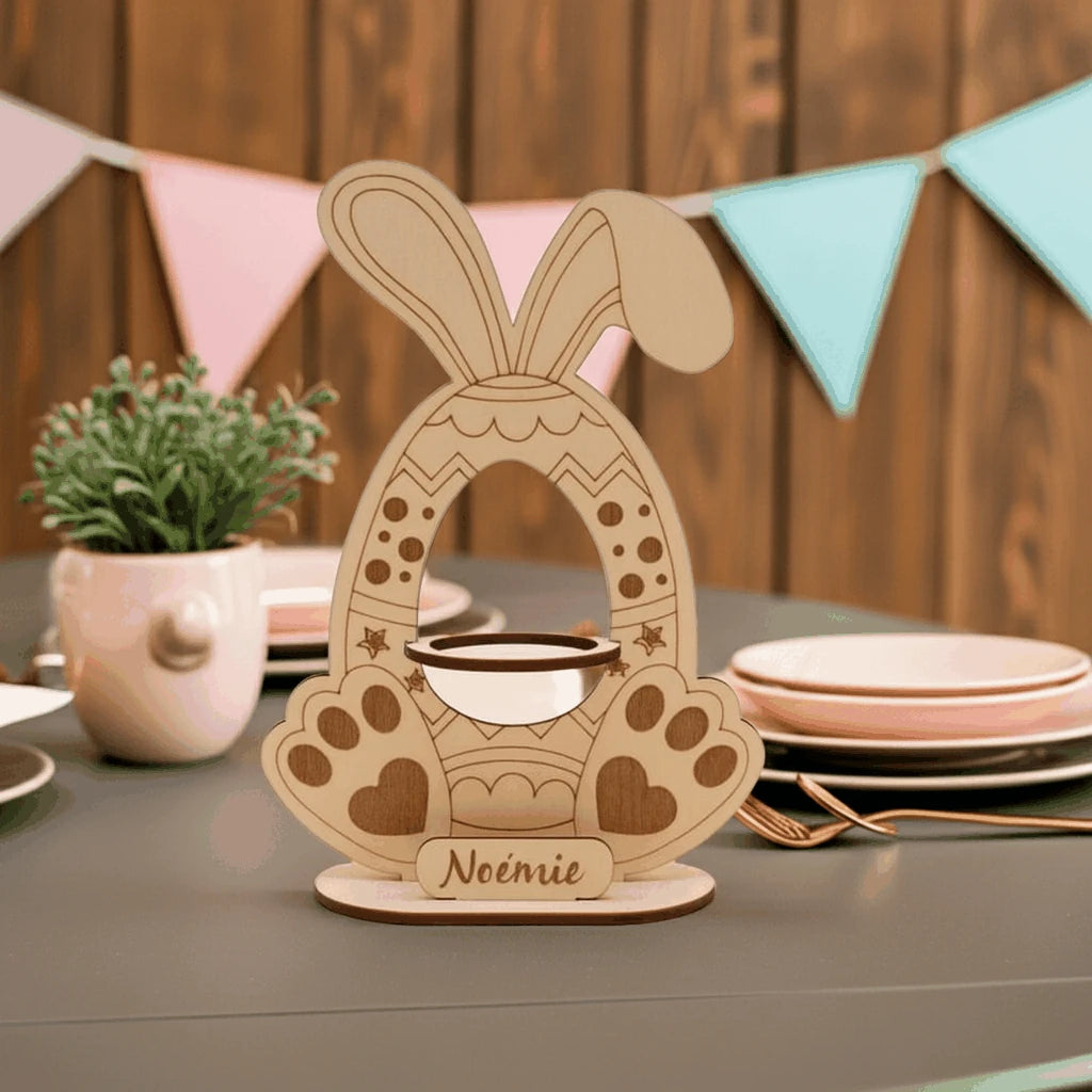 Lapin de Pâques en contreplaqué de tilleul – Support pour œuf Kinder – Décoration artisanale découpée au laser