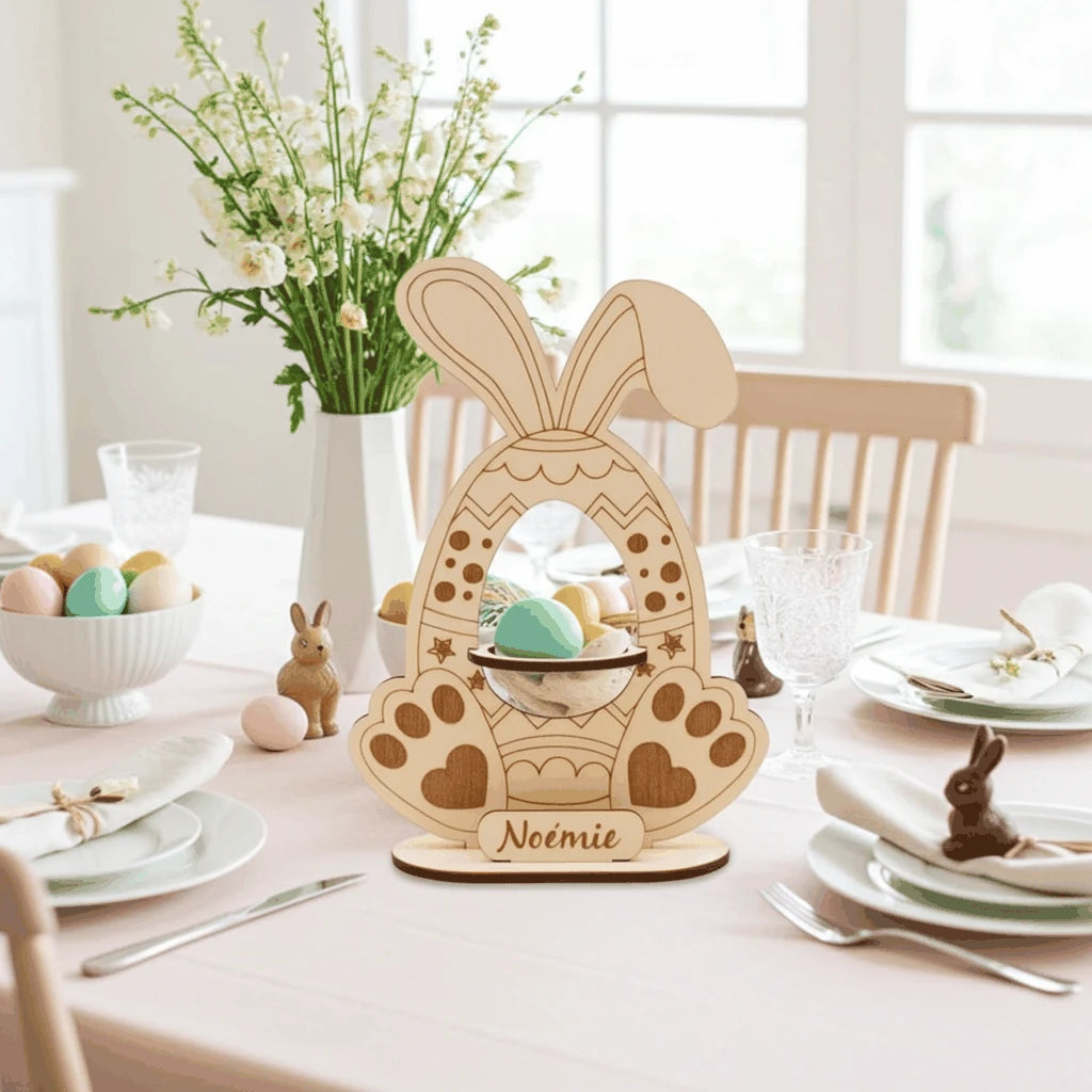 Lapin de Pâques en contreplaqué de tilleul – Support pour œuf Kinder – Décoration artisanale découpée au laser