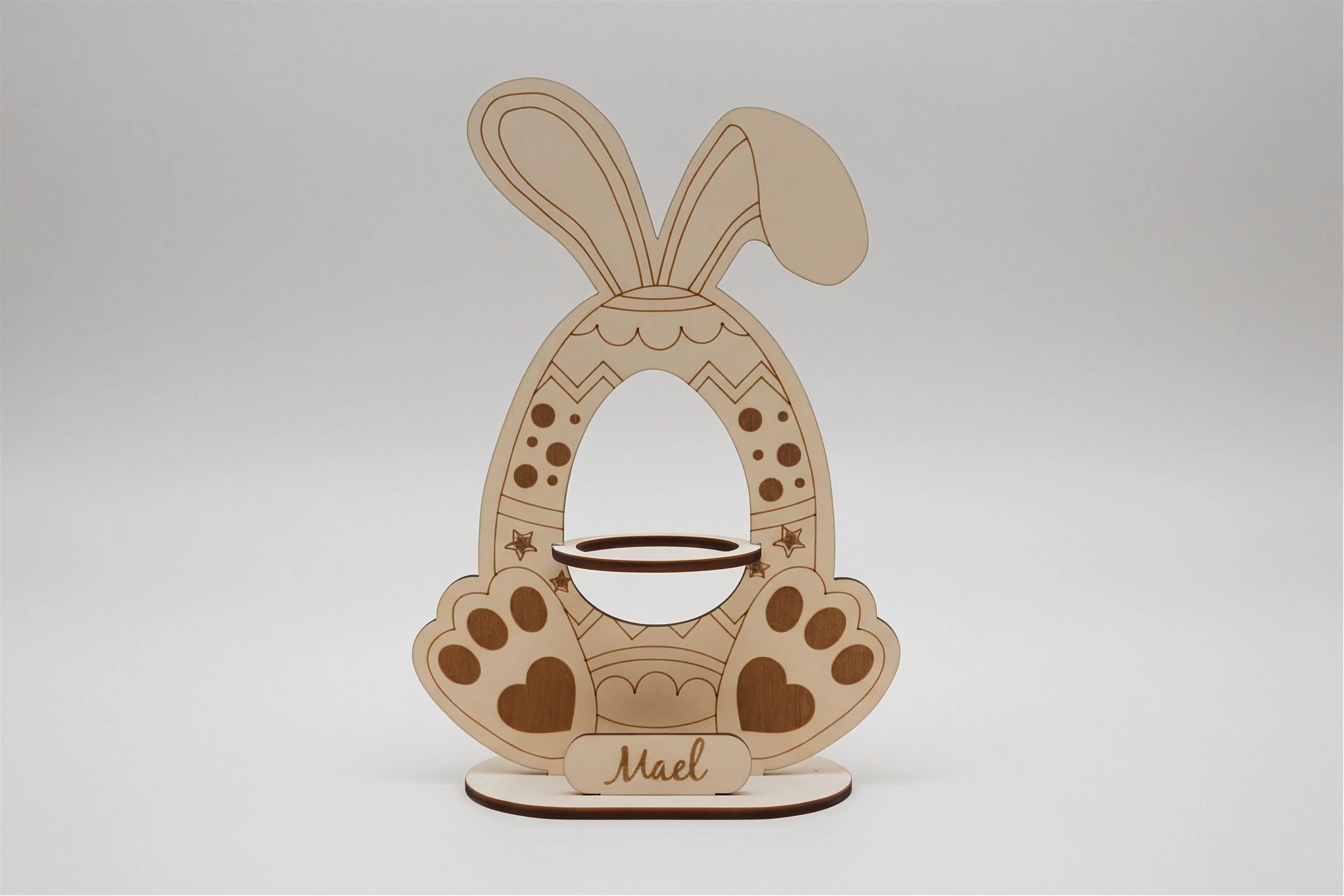 Lapin de Pâques en contreplaqué de tilleul – Support pour œuf Kinder – Décoration artisanale découpée au laser