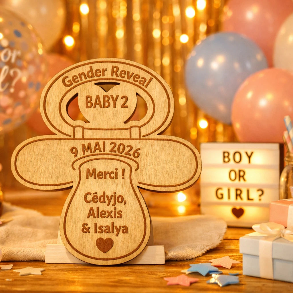 Magnets tétine Gender Reveal – Gravure laser – Cadeaux invités personnalisés