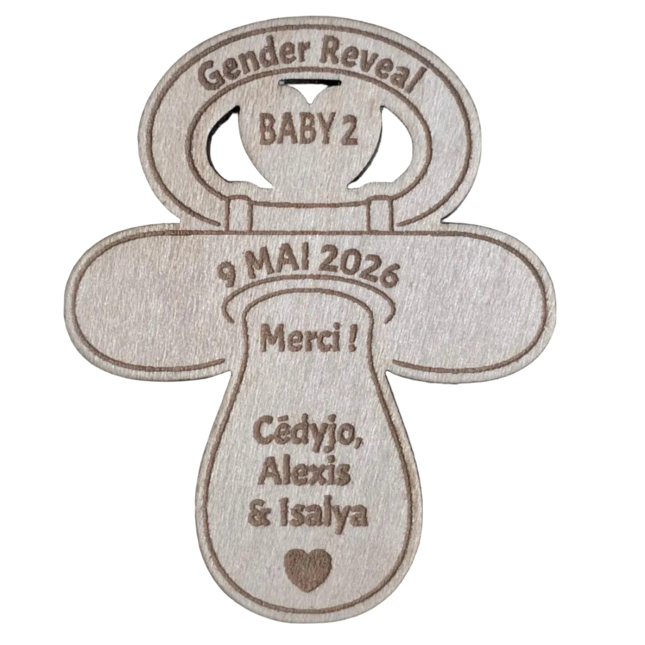Magnets tétine Gender Reveal – Gravure laser – Cadeaux invités personnalisés