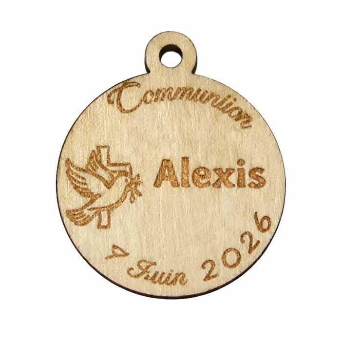 Médaille personnalisée en contreplaqué de tilleul 25 mm – Gravure laser – Souvenir pour communion, baptême, mariage et événements