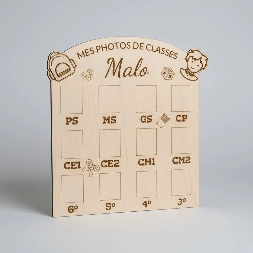 Panneau photo de classe personnalisé en bois – Prénom gravé au laser – Souvenir scolaire tilleul – Modèle Garçon ou Fille – Cadeau rentrée